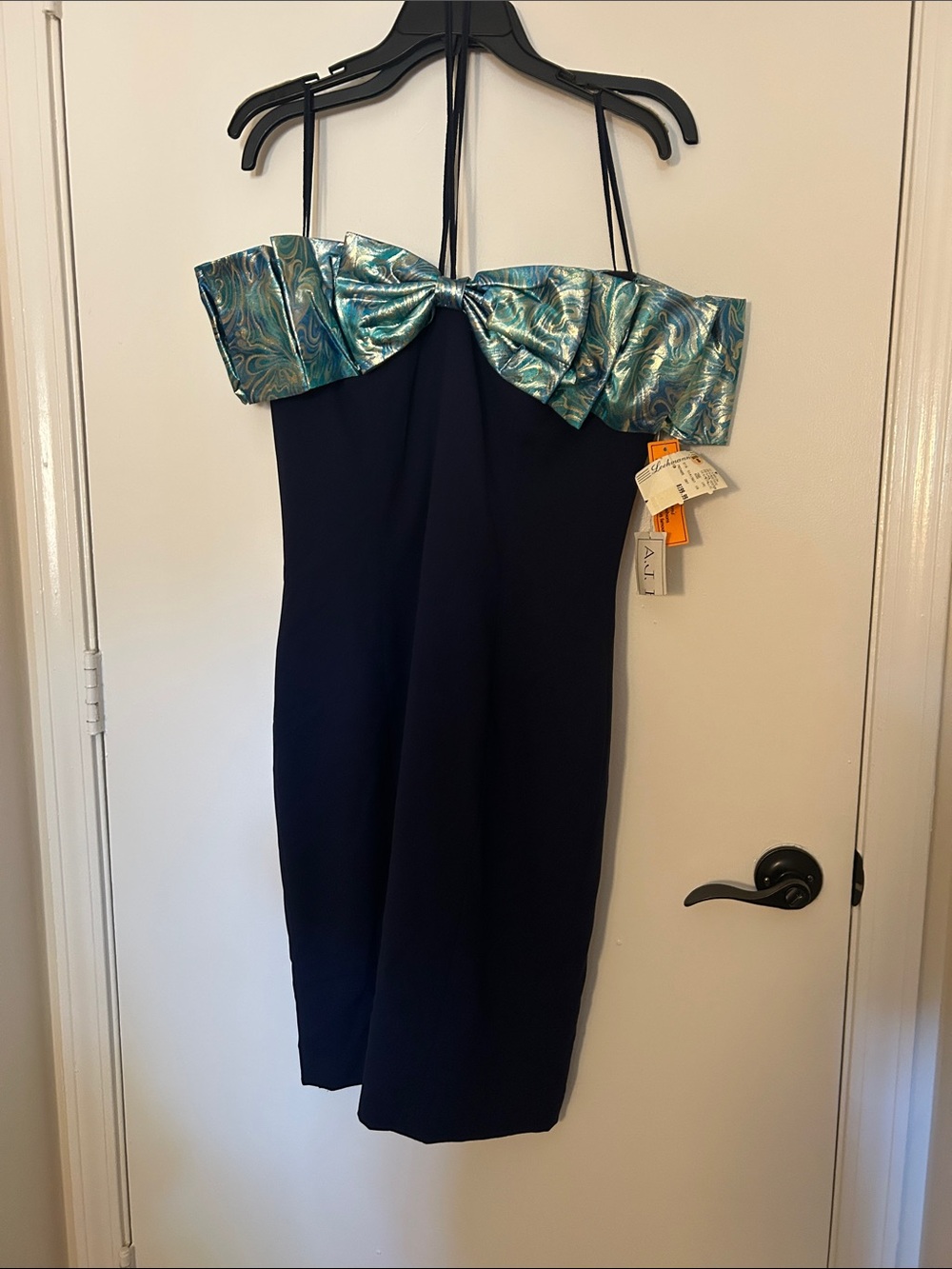Vintage A.J. Bari Navy & Metallic Teal Brocade Bow Dress NWT 1990s